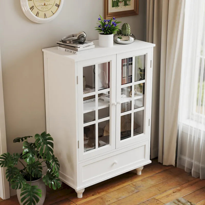 Bahut blanc avec portes vitrées et tiroir – MDF, montage pour 1-2 personnes