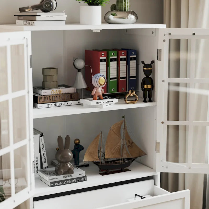 Bahut blanc avec portes vitrées et tiroir – MDF, montage pour 1-2 personnes