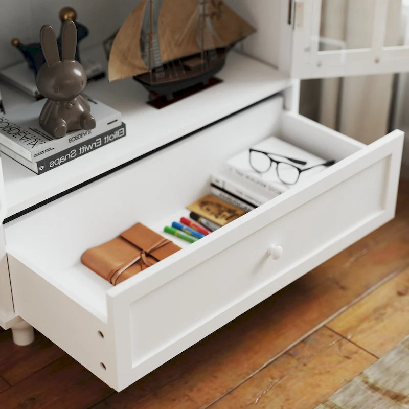 Bahut blanc avec portes vitrées et tiroir – MDF, montage pour 1-2 personnes