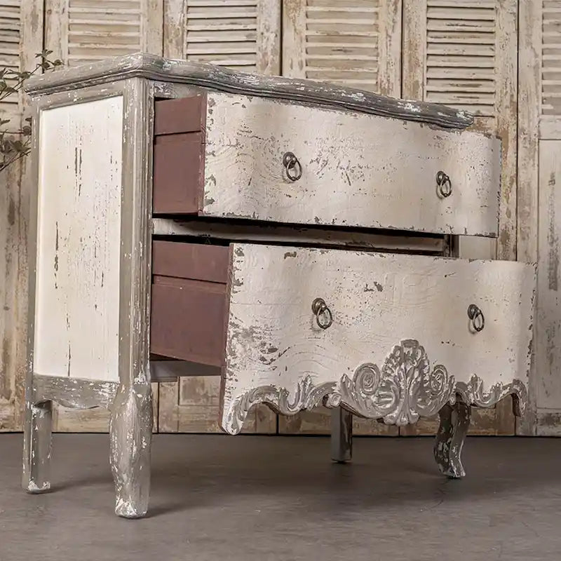 Meuble de rangement en bois brun vieilli à deux tiroirs
