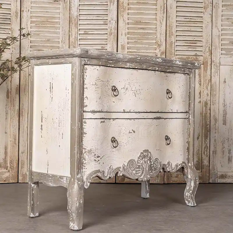 Meuble de rangement en bois brun vieilli à deux tiroirs