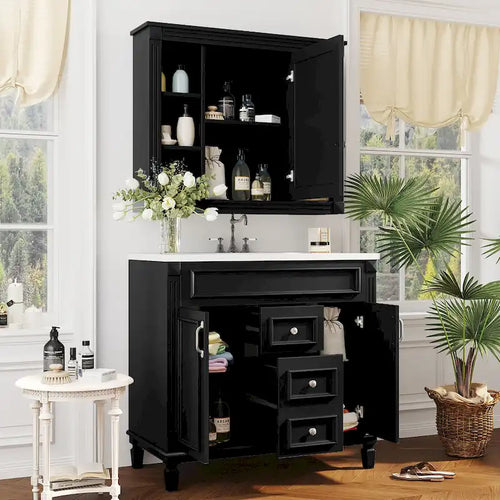 Meuble-lavabo autoportant noir simple avec miroir, 36 pouces
