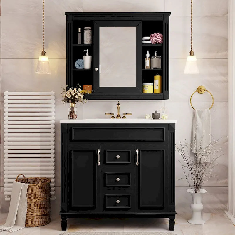 Meuble-lavabo autoportant noir simple avec miroir, 36 pouces