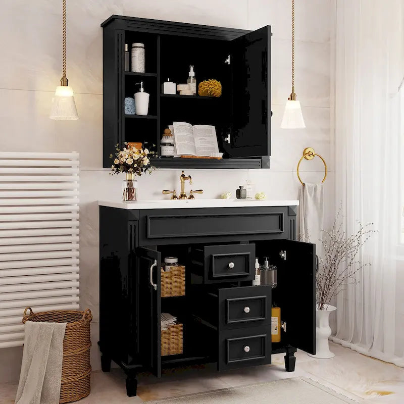 Meuble-lavabo autoportant noir simple avec miroir, 36 pouces