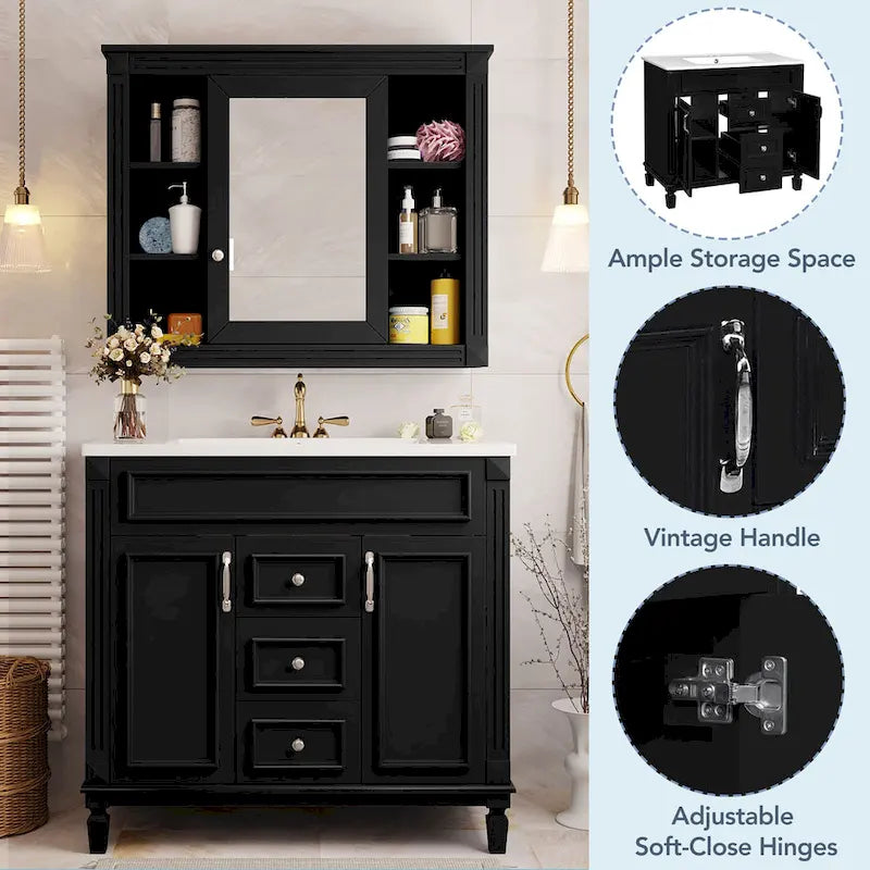 Meuble-lavabo autoportant noir simple avec miroir, 36 pouces