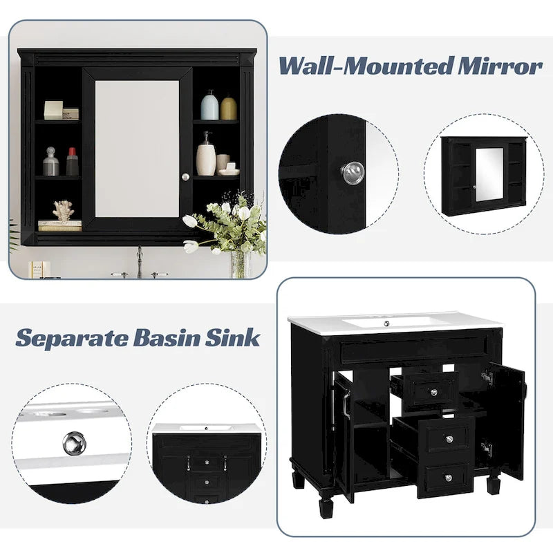 Meuble-lavabo autoportant noir simple avec miroir, 36 pouces