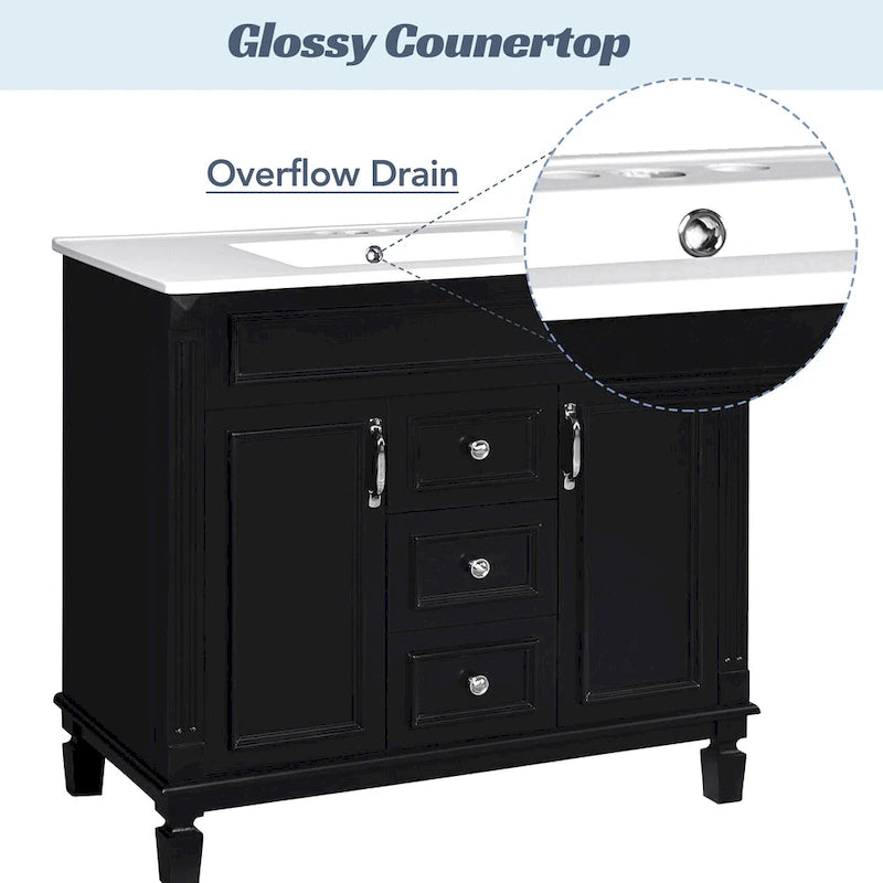 Meuble-lavabo autoportant noir simple avec miroir, 36 pouces
