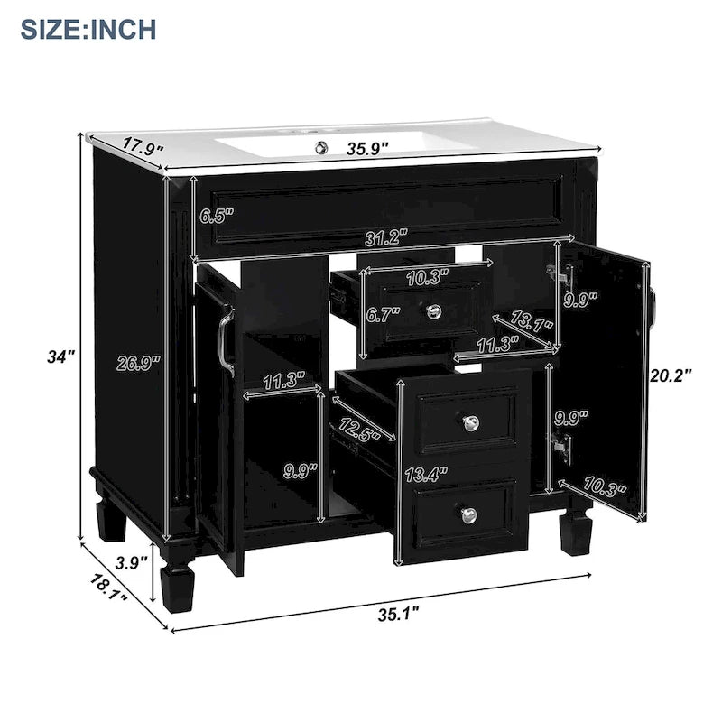 Meuble-lavabo autoportant noir simple avec miroir, 36 pouces