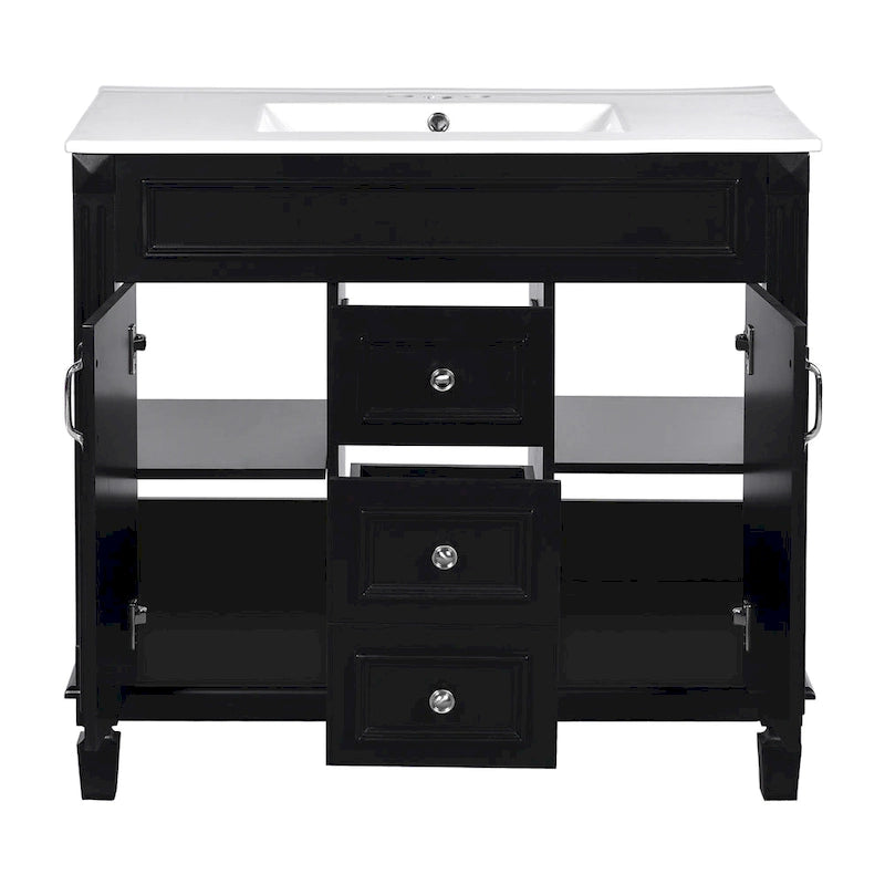 Meuble-lavabo autoportant noir simple avec miroir, 36 pouces