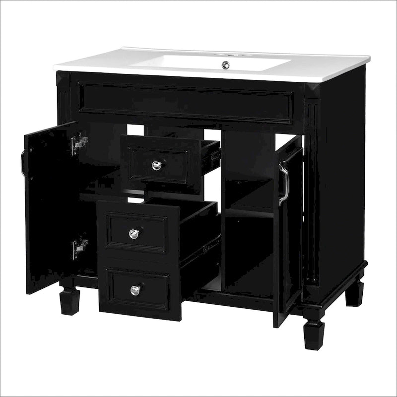 Meuble-lavabo autoportant noir simple avec miroir, 36 pouces