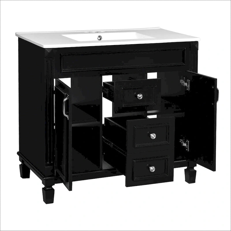 Meuble-lavabo autoportant noir simple avec miroir, 36 pouces