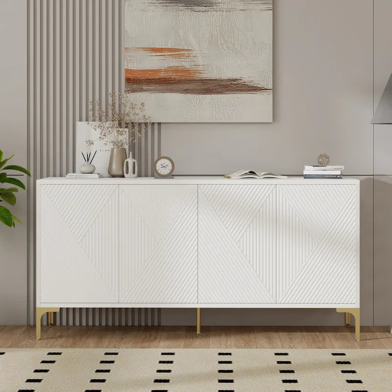 Bahut/buffet 4 portes vert olive et blanc avec panneaux sculptés