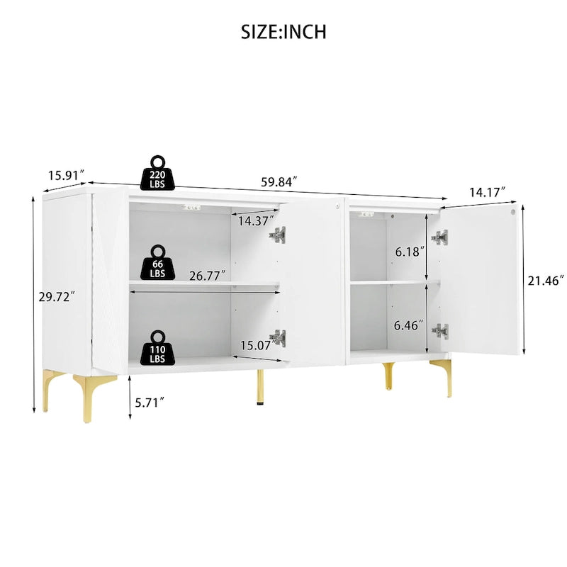 Bahut/buffet 4 portes vert olive et blanc avec panneaux sculptés