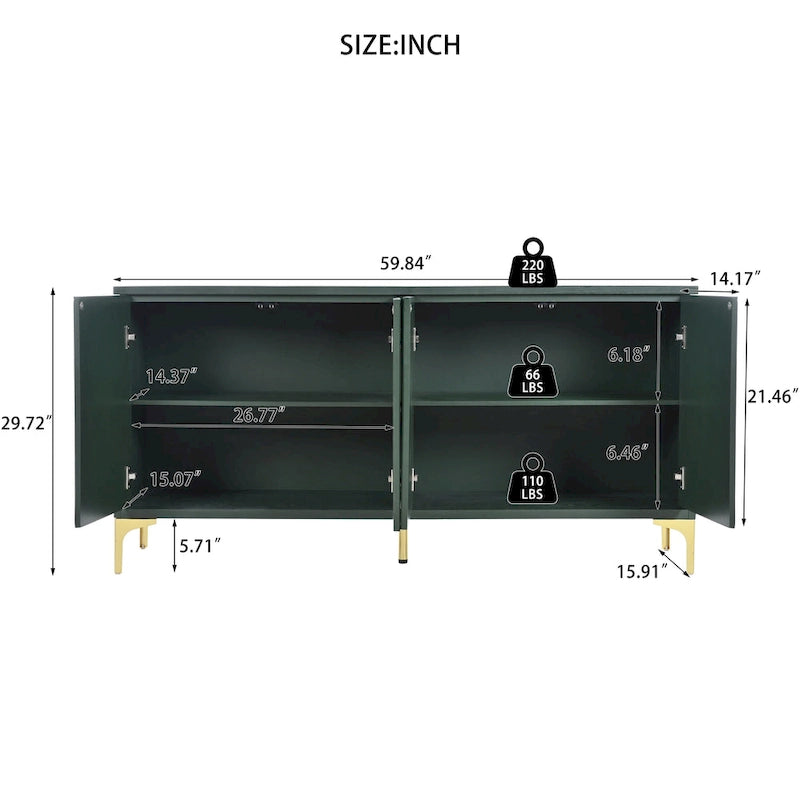Bahut/buffet 4 portes vert olive et blanc avec panneaux sculptés