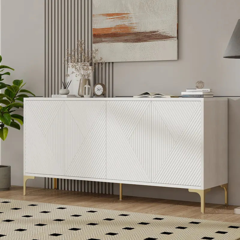 Bahut/buffet 4 portes vert olive et blanc avec panneaux sculptés