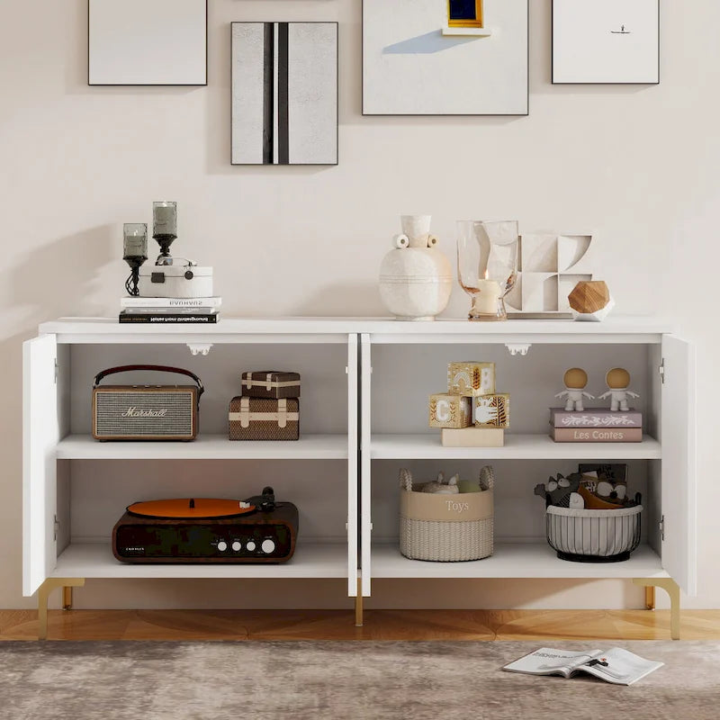 Bahut/buffet 4 portes vert olive et blanc avec panneaux sculptés