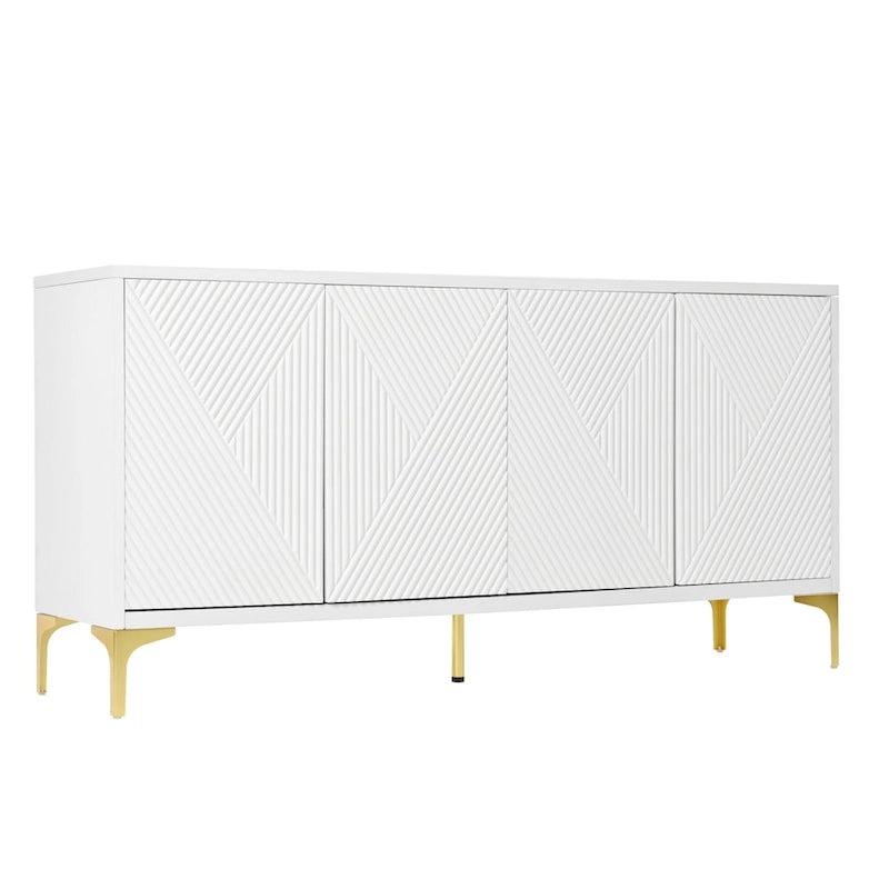 Bahut/buffet 4 portes vert olive et blanc avec panneaux sculptés