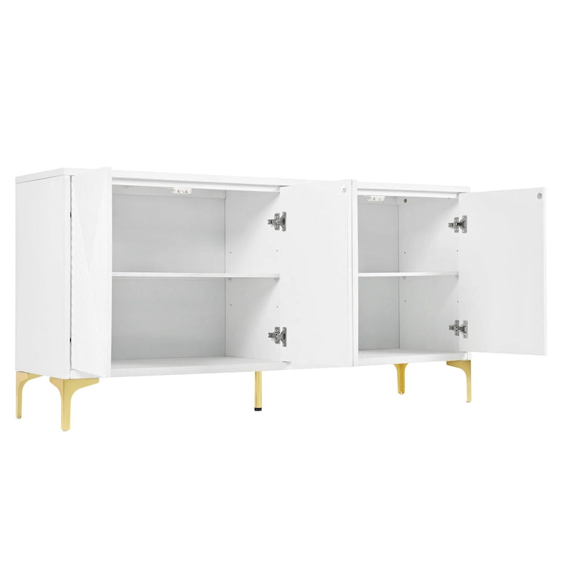 Bahut/buffet 4 portes vert olive et blanc avec panneaux sculptés