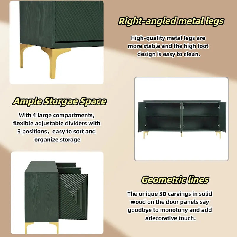 Bahut/buffet 4 portes vert olive et blanc avec panneaux sculptés