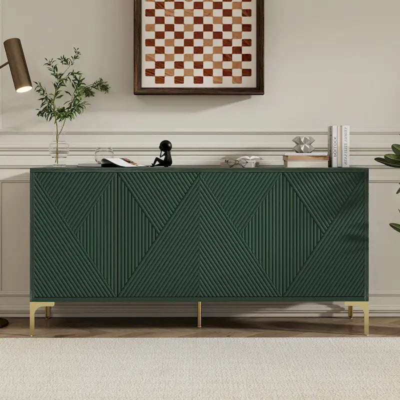 Bahut/buffet 4 portes vert olive et blanc avec panneaux sculptés
