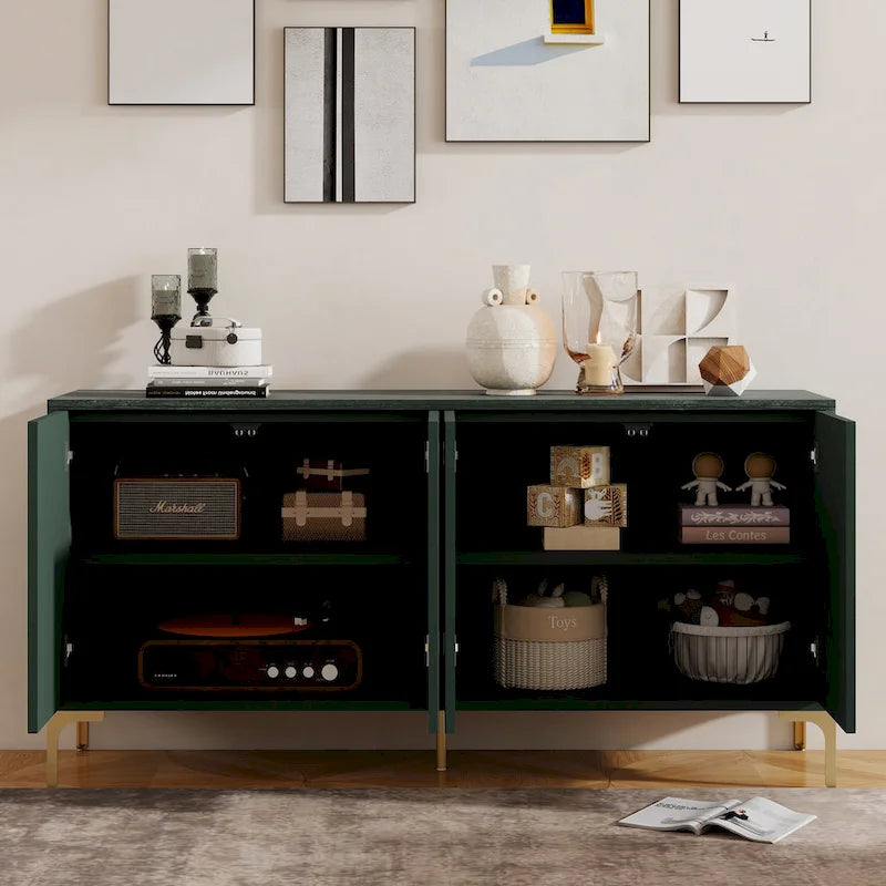 Bahut/buffet 4 portes vert olive et blanc avec panneaux sculptés