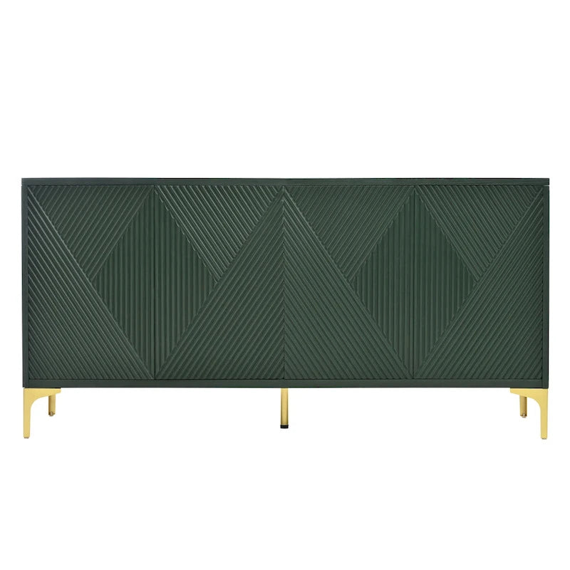 Bahut/buffet 4 portes vert olive et blanc avec panneaux sculptés