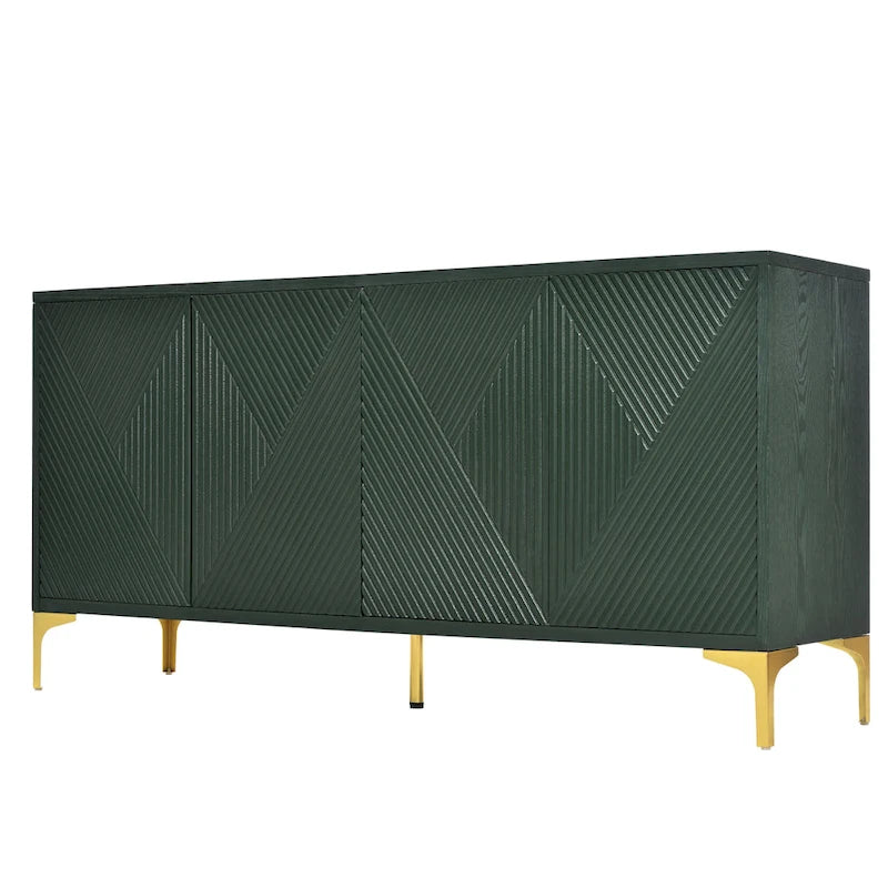 Bahut/buffet 4 portes vert olive et blanc avec panneaux sculptés