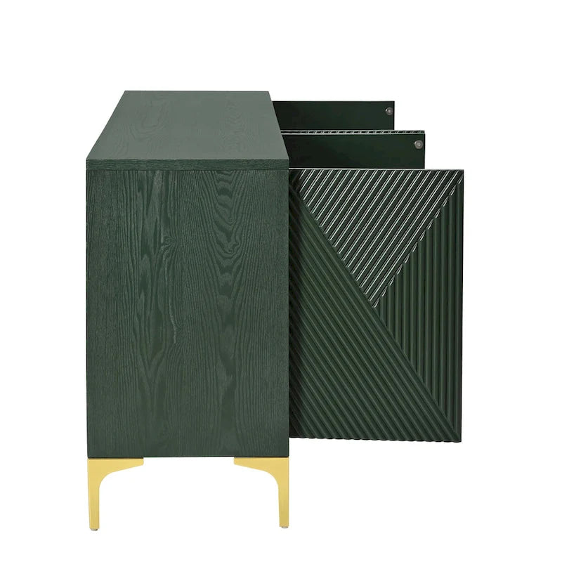Bahut/buffet 4 portes vert olive et blanc avec panneaux sculptés