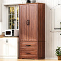 Armoire de garde-manger autoportante marron/blanc avec 2 tiroirs, 180 cm de haut