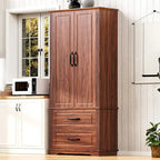 Armoire de garde-manger autoportante marron/blanc avec 2 tiroirs, 180 cm de haut
