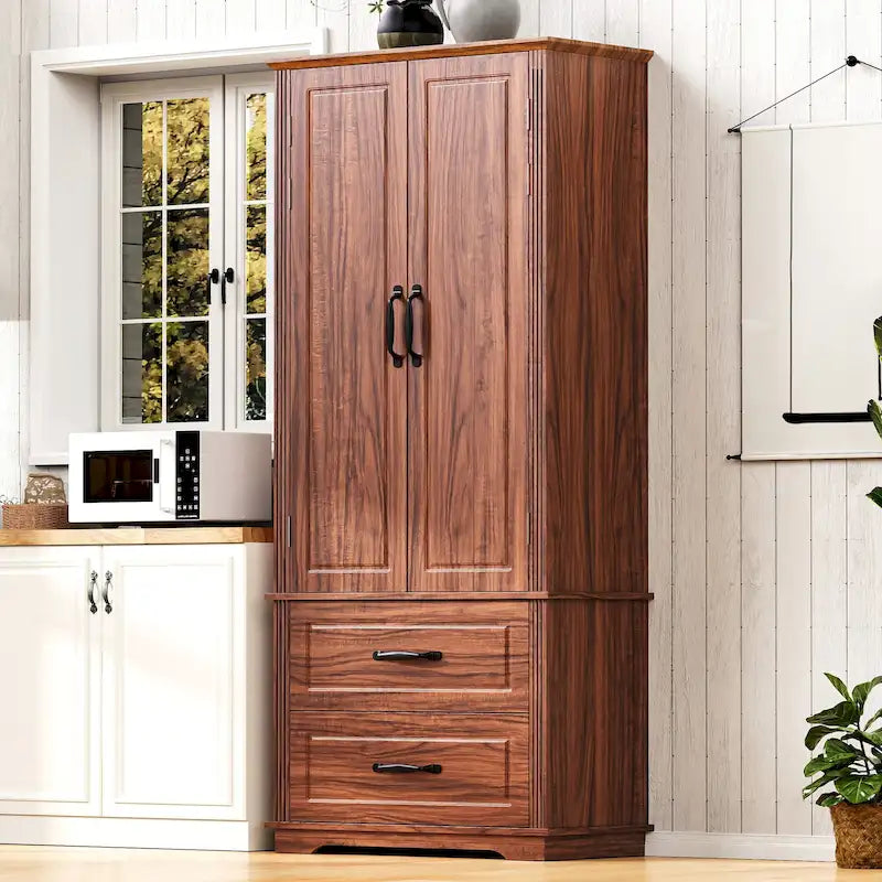 Armoire de garde-manger autoportante marron/blanc avec 2 tiroirs, 180 cm de haut