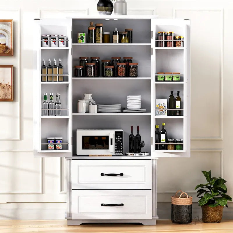 Armoire de garde-manger autoportante marron/blanc avec 2 tiroirs, 180 cm de haut