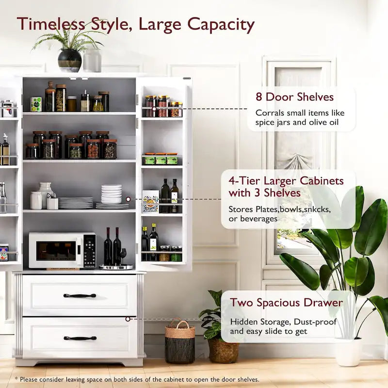 Armoire de garde-manger autoportante marron/blanc avec 2 tiroirs, 180 cm de haut