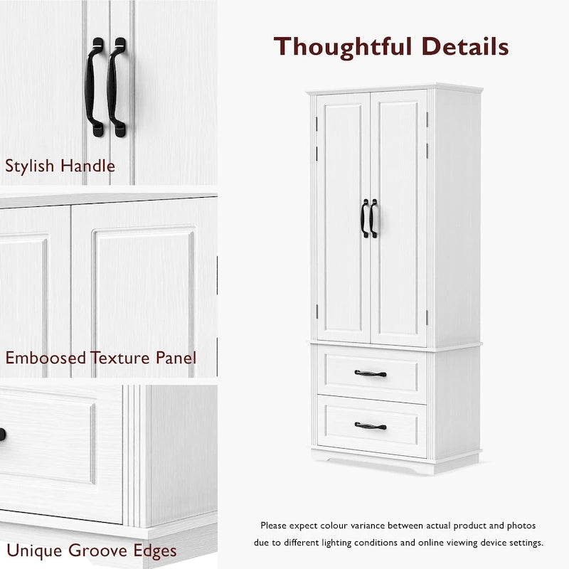 Armoire de garde-manger autoportante marron/blanc avec 2 tiroirs, 180 cm de haut