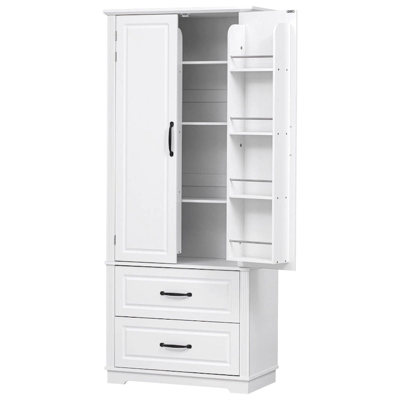 Armoire de garde-manger autoportante marron/blanc avec 2 tiroirs, 180 cm de haut