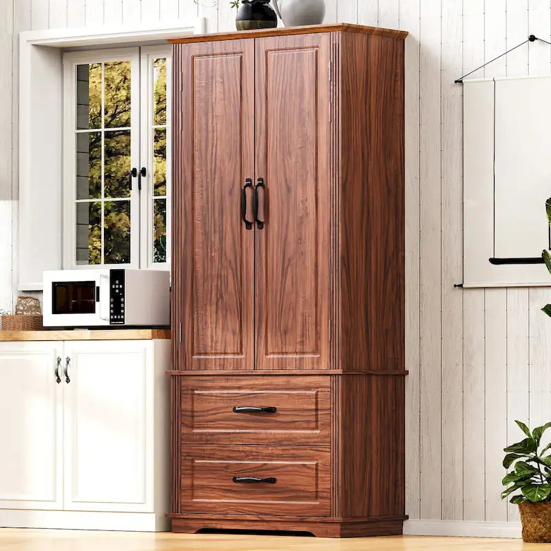 Armoire de garde-manger autoportante marron/blanc avec 2 tiroirs, 180 cm de haut
