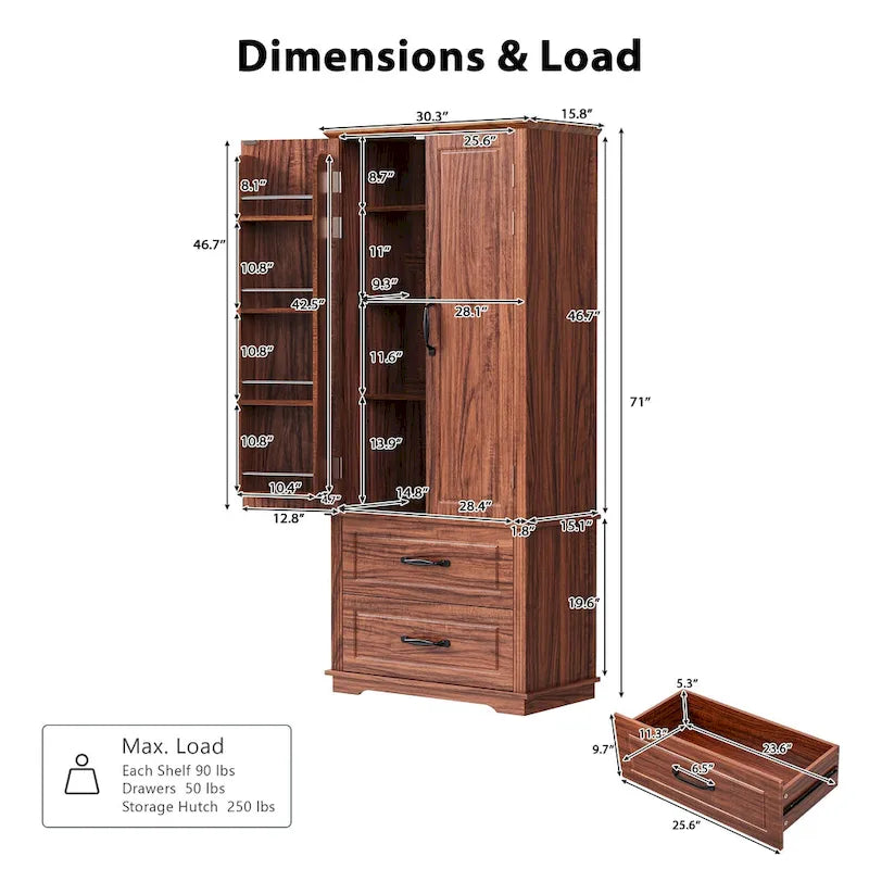 Armoire de garde-manger autoportante marron/blanc avec 2 tiroirs, 180 cm de haut