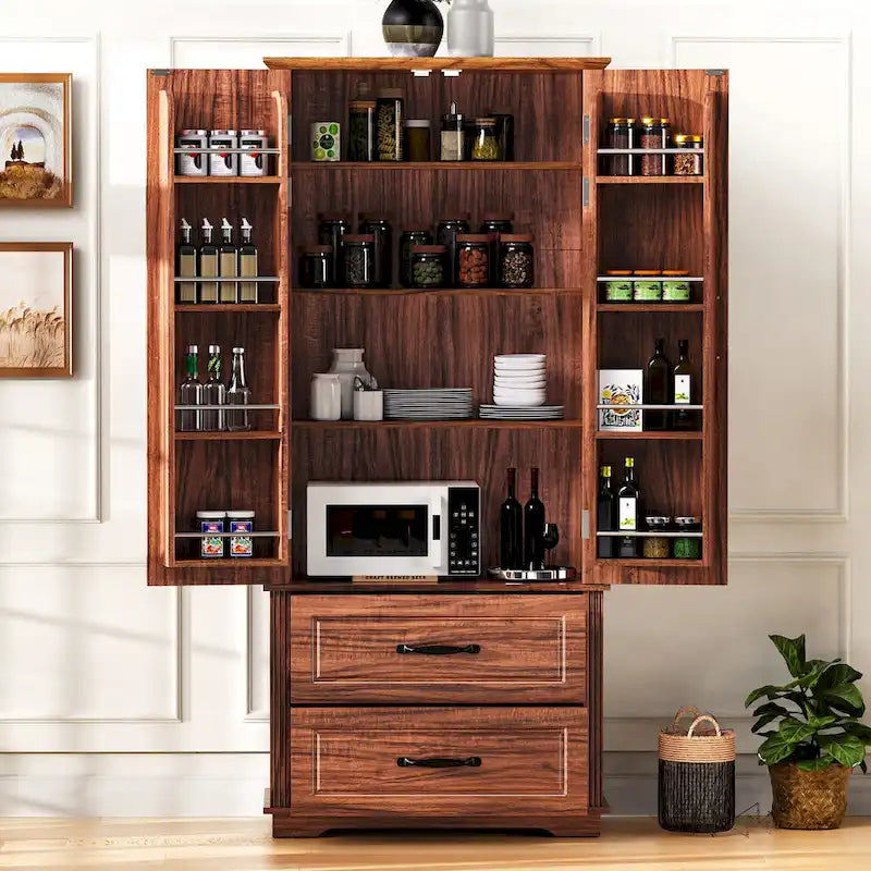 Armoire de garde-manger autoportante marron/blanc avec 2 tiroirs, 180 cm de haut