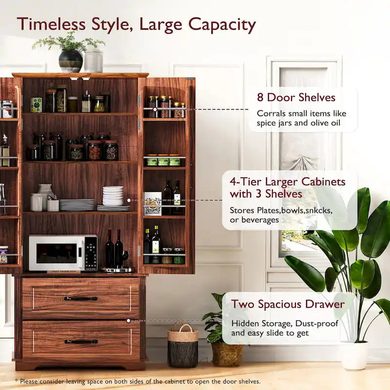 Armoire de garde-manger autoportante marron/blanc avec 2 tiroirs, 180 cm de haut