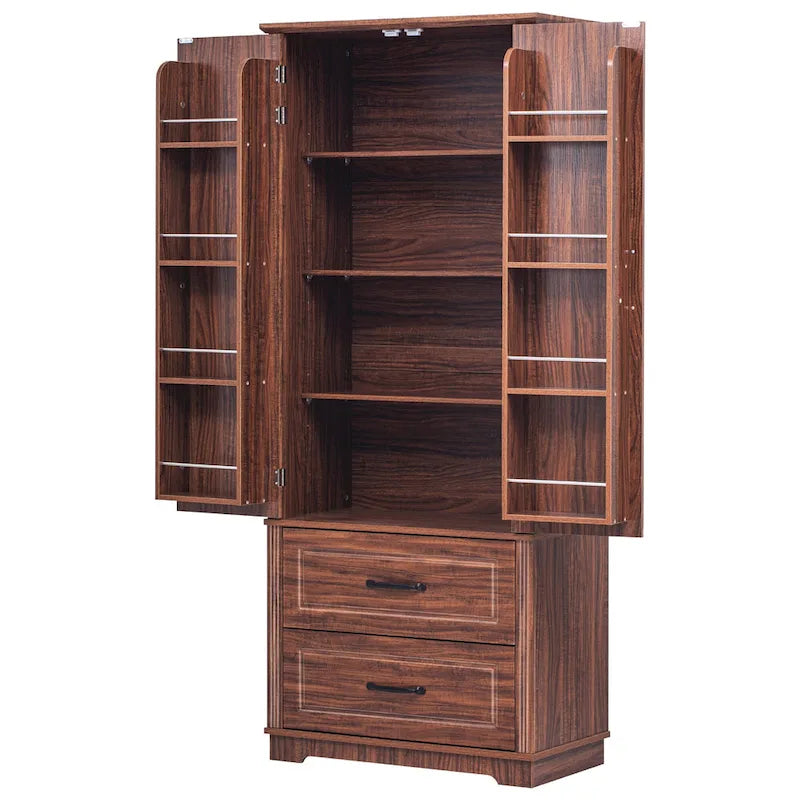 Armoire de garde-manger autoportante marron/blanc avec 2 tiroirs, 180 cm de haut