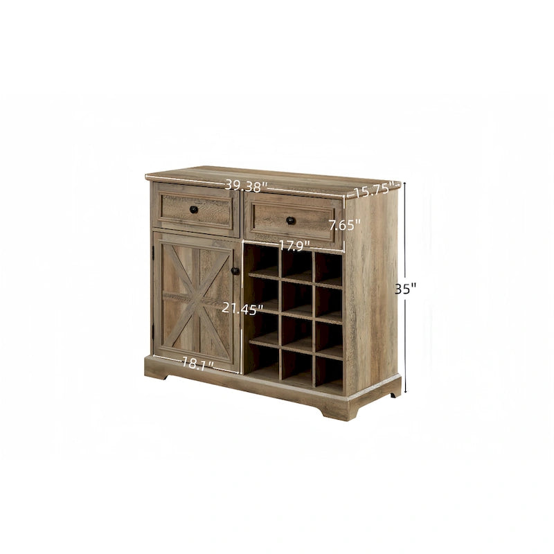 Buffet industriel rétro gris délavé/espresso avec casiers à vin et étagère réglable