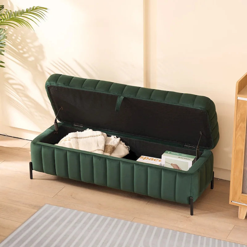 Banc de rangement en velours vert / noir / bleu marine / beige avec pieds en métal, assemblage par 1 personne