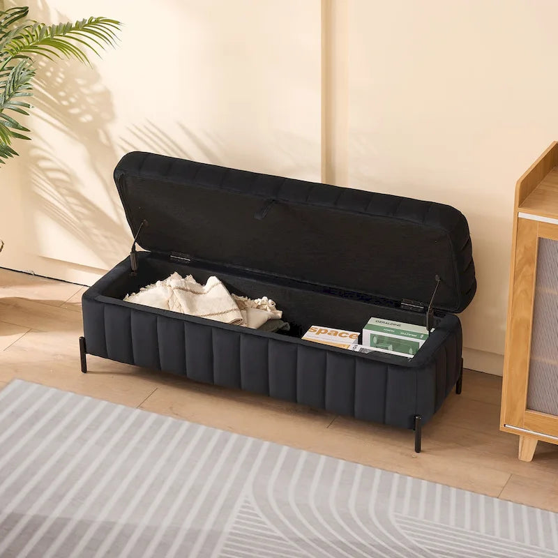 Banc de rangement en velours vert / noir / bleu marine / beige avec pieds en métal, assemblage par 1 personne