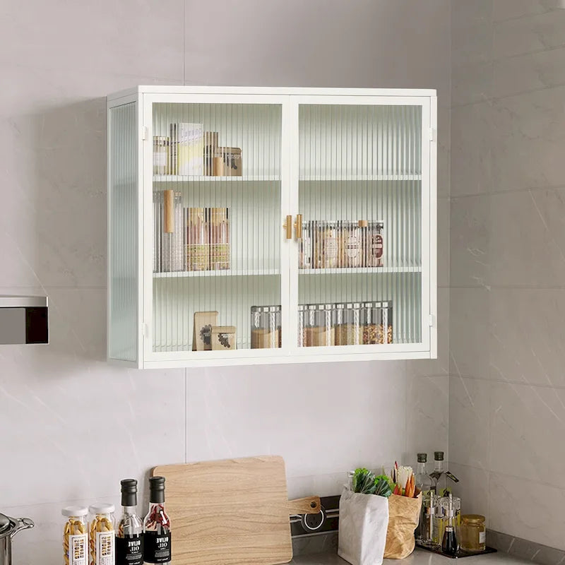 Buffet vitrine cannelé blanc / noir / vert menthe – 2 portes, 3 niveaux de rangement, montage 1 personne