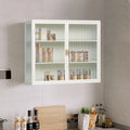 Buffet vitrine cannelé blanc / noir / vert menthe – 2 portes, 3 niveaux de rangement, montage 1 personne