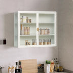 Buffet vitrine cannelé blanc / noir / vert menthe – 2 portes, 3 niveaux de rangement, montage 1 personne
