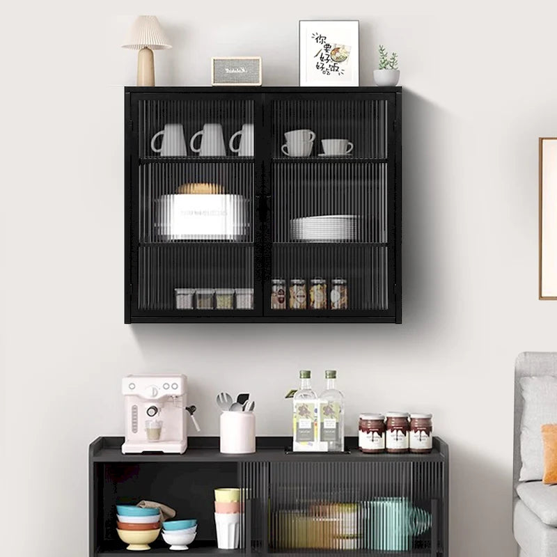 Buffet vitrine cannelé blanc / noir / vert menthe – 2 portes, 3 niveaux de rangement, montage 1 personne