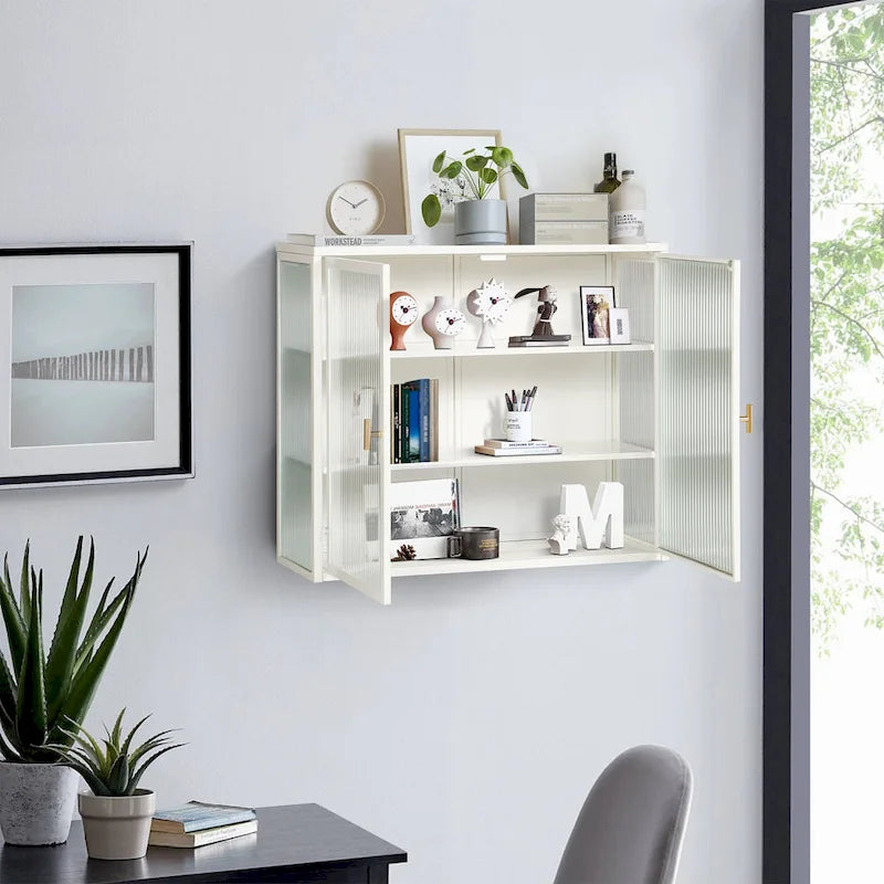 Buffet vitrine cannelé blanc / noir / vert menthe – 2 portes, 3 niveaux de rangement, montage 1 personne