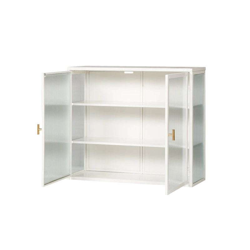 Buffet vitrine cannelé blanc / noir / vert menthe – 2 portes, 3 niveaux de rangement, montage 1 personne