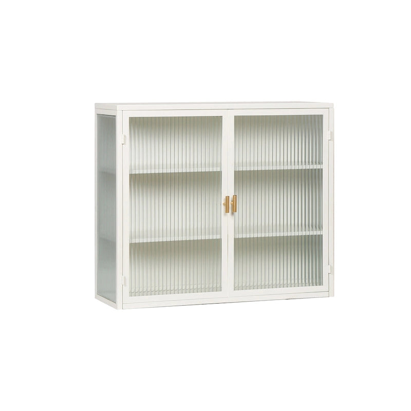 Buffet vitrine cannelé blanc / noir / vert menthe – 2 portes, 3 niveaux de rangement, montage 1 personne